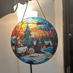 Stained Glass Style Winter Scene Acrylic Hanging Decor